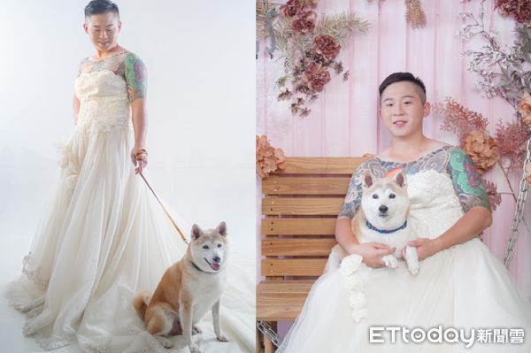 ▲「我們結婚了！」爸與11歲柴甜蜜拍婚紗　把牠刺背上：永遠在一起。（圖／網友小杰提供，請勿隨意翻拍，以免侵權。）