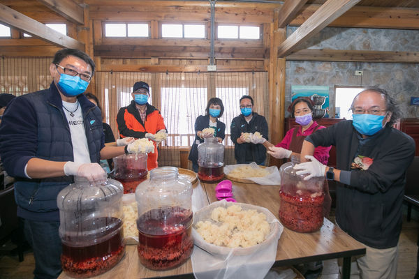 ▲▼文總秘書長林錦昌、行政院政委張景森深入馬祖居民家中，學習古法釀造老酒。（圖／文總提供）