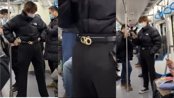 ▲▼大陸一名男子將厚重的羽絨衣紮進褲頭，只為露出他的名牌皮帶。（圖／翻攝自Youtube／star星視頻）