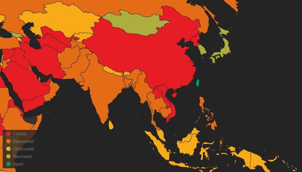 ▲▼ 非政府人權組織CIVICUS調查全球的公民活動空間自由度，綠色部分代表開放，紅色則代表封閉。。（圖／翻攝自CIVICUS報告）