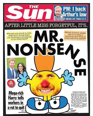 《太陽報》今日頭版諷刺哈利是「荒謬先生」。（翻攝太陽報）
