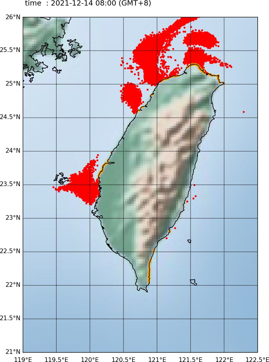 ▲海委會13日模擬火山浮石預估圖，預測24小時後動態)。（圖／海委會提供）