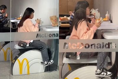 MCD gym？女子「邊吃漢堡邊踩腳踏車」笑翻網：減低罪惡感