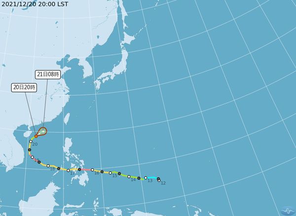 ▲颱風雷伊20日20時的中心位置在北緯18.8度，東經 112.2 度，以每小時20公里速度，向東北進行。（圖／氣象局）