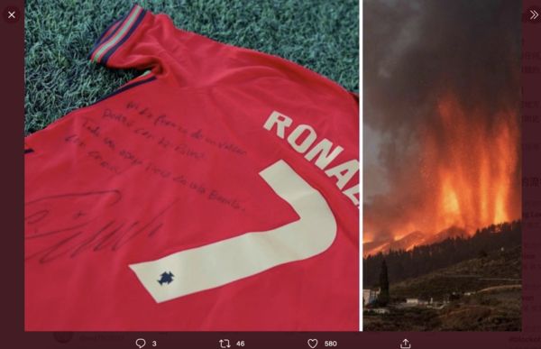 ▲▼  C羅捐葡萄牙球衣為西班牙火山災民募款           。（圖／翻攝自@CristianoXtra_ twitter）