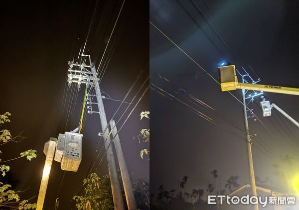 ▲台南地震後「玉井楠西1.3萬戶」停電，台電冒雨搶修。（圖／記者林悅翻攝）