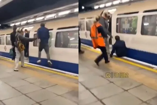 英國醉漢找人打架摔進月台間隙。（圖／翻攝自Instagram／ub1ub2tv）