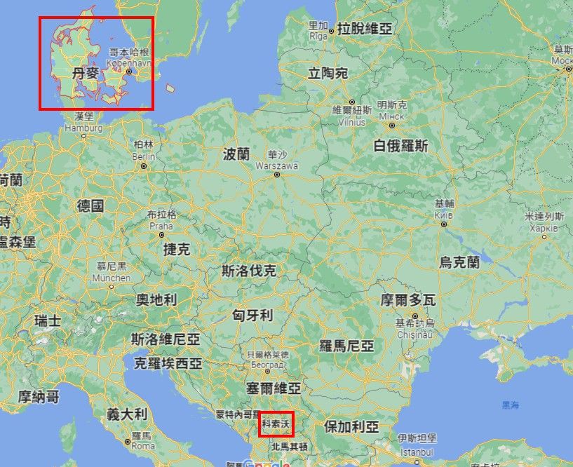 ▲▼丹麥和科索沃的位置。（圖／翻攝自Google Maps）