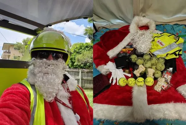 郵務士扮聖誕老公公給狗狗送禮物。（圖／翻攝自Martin Studer臉書）
