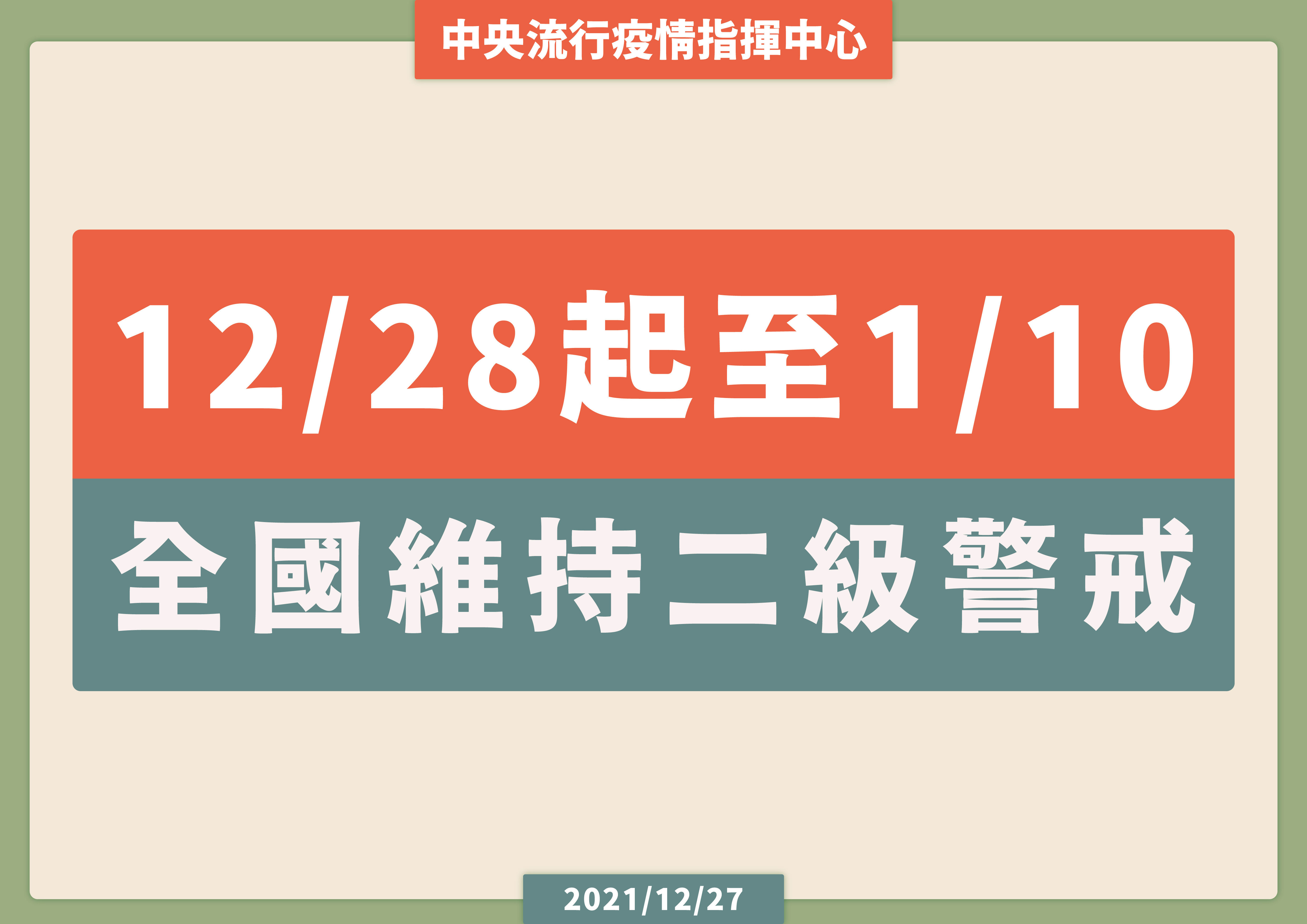 ▲▼全國二級警戒維持至2022年1月10日。（圖／指揮中心提供）