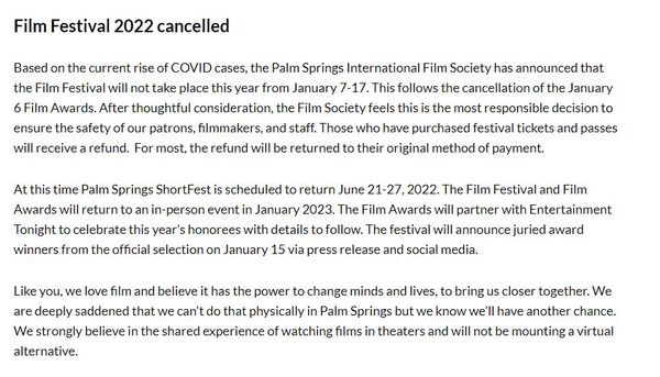 ▲棕櫚泉電影協會29日在官網發出聲明。（圖／翻攝自棕櫚泉國際電影節官網）