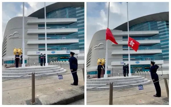 ▲▼《環球時報》聲稱一些香港市民參加升旗典禮，但是畫面中只有港警參加典禮。（圖／翻攝自twitter／@globaltimesnews）