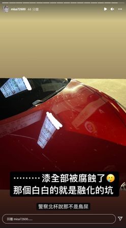 ▲米砂特斯拉遭「無辜潑酸」新年上警局　買不到2個月…大紅車頭被腐蝕。（圖／翻攝自Instagram／misa72600）