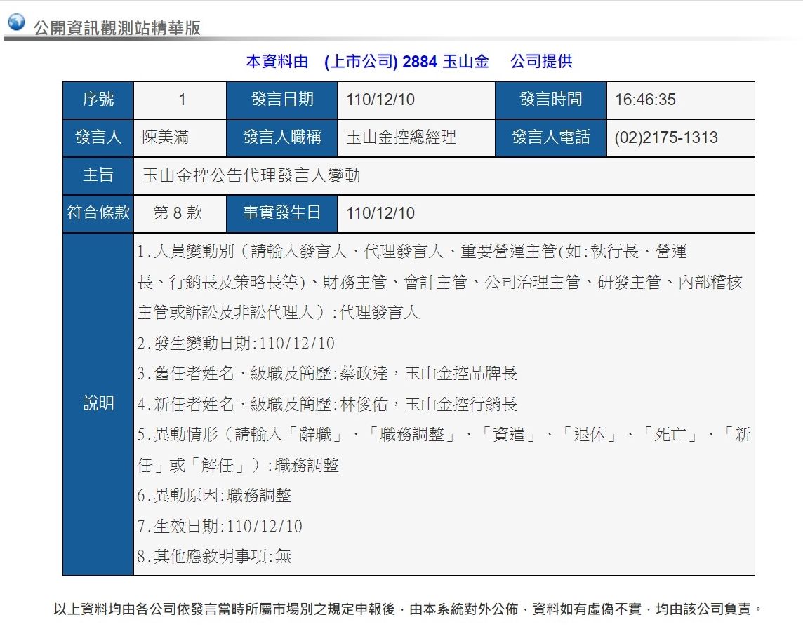 ▲玉山金品牌長過世引外界質疑和過勞有關。（圖／翻攝自公開資訊觀測站）