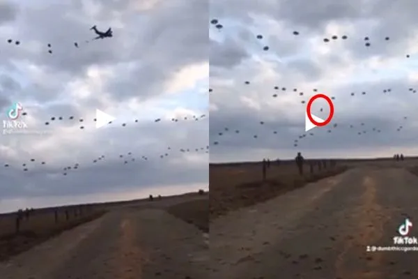 ▲▼傘兵從空中高速下墜，直到最後一刻才撐起降落傘，驚悚瞬間全被拍下。（圖／攝自dumbthiccgordo的TikTok）