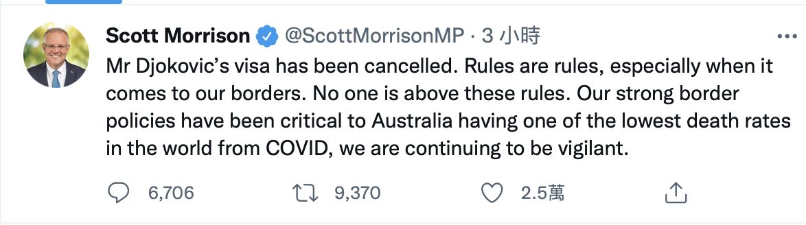 ▲▼   澳洲總理莫里森證實喬帥簽證被取消。          。（圖／翻攝自 @ScottMorrisonMP twitter）