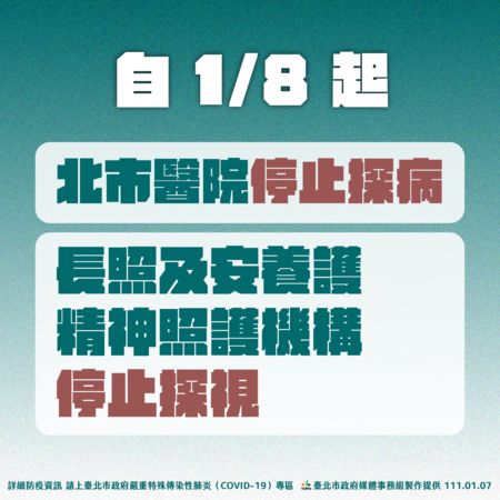 ▲▼自1月7日起，北市醫院停止探病、長照及安養精神照護機構停止探視。（圖／台北市政府提供）