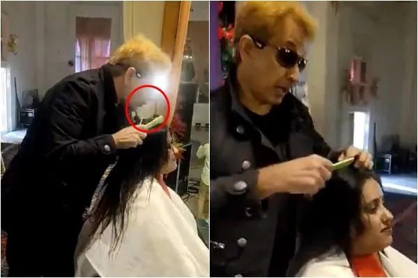 ▲▼ 印度知名造型師哈比卜（Jawed Habib）朝女模頭髮吐口水。（圖／翻攝推特@rishibagree）