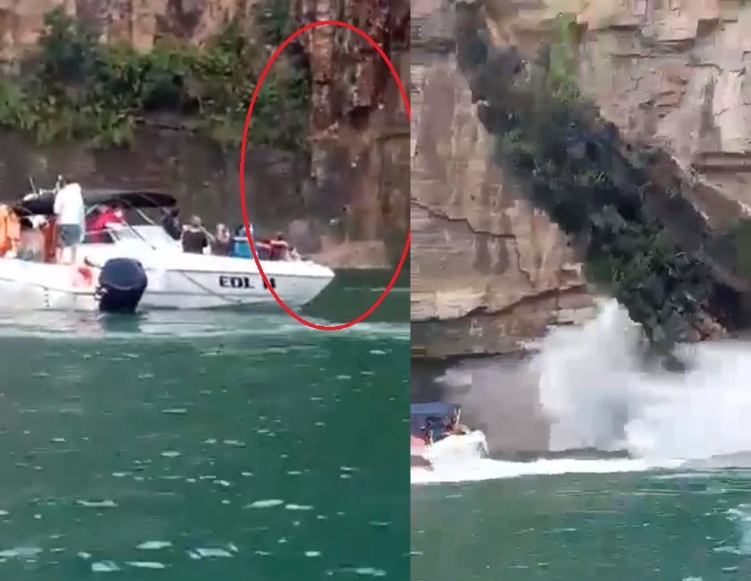▲▼恐怖影片曝！巴西湖邊巨岩崩毀　重砸遊艇至少6死30傷。（圖／翻攝推特）
