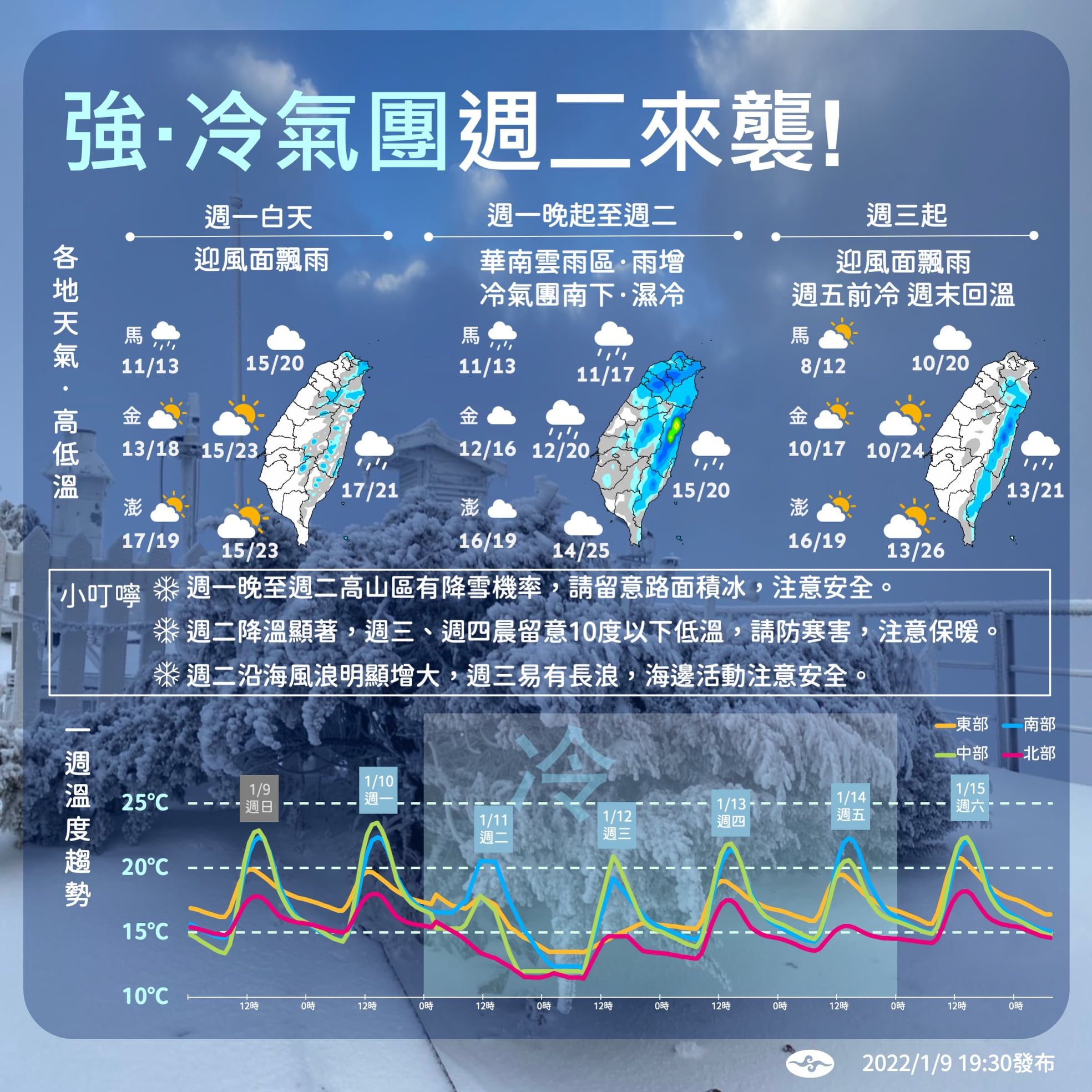 ▲▼強冷空氣來襲！台南以北「下探10度」超冷　2500m高山有降雪機率。（圖／氣象局）