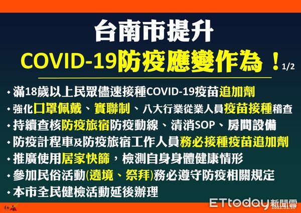 ▲台南市長黃偉哲指出，請市民戴口罩、實聯制、保塒社交距離等相關防疫規定，並接種疫苗。（圖／記者林悅翻攝，下同）