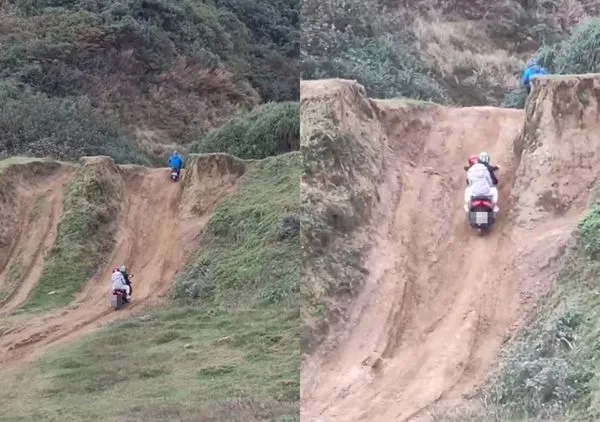 ▲▼妹子緊抱機車騎士挑戰「近垂直」極陡坡 結局讓網喊失望。（圖／翻攝自重機車友 ❘ 各區路況、天氣回報中心）