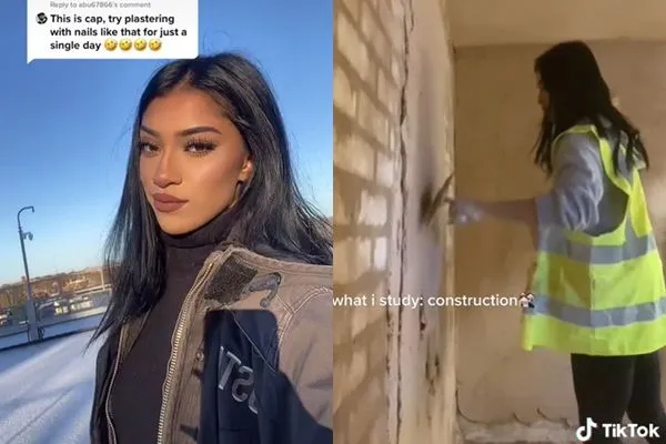 ▲▼最正建築工「2.5cm美甲」照樣砌磚牆。（圖／翻攝自TikTok）