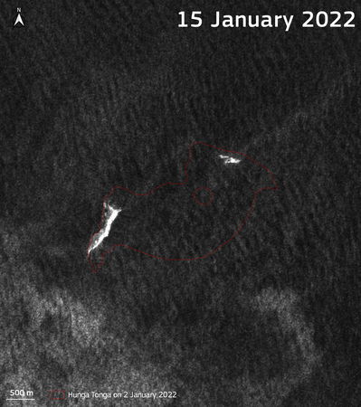 ▲▼東加海底火山「洪加湯加－洪加哈派」（Hunga Tonga-Hunga Ha`apai）噴發後1月15日衛星照。（圖／路透）