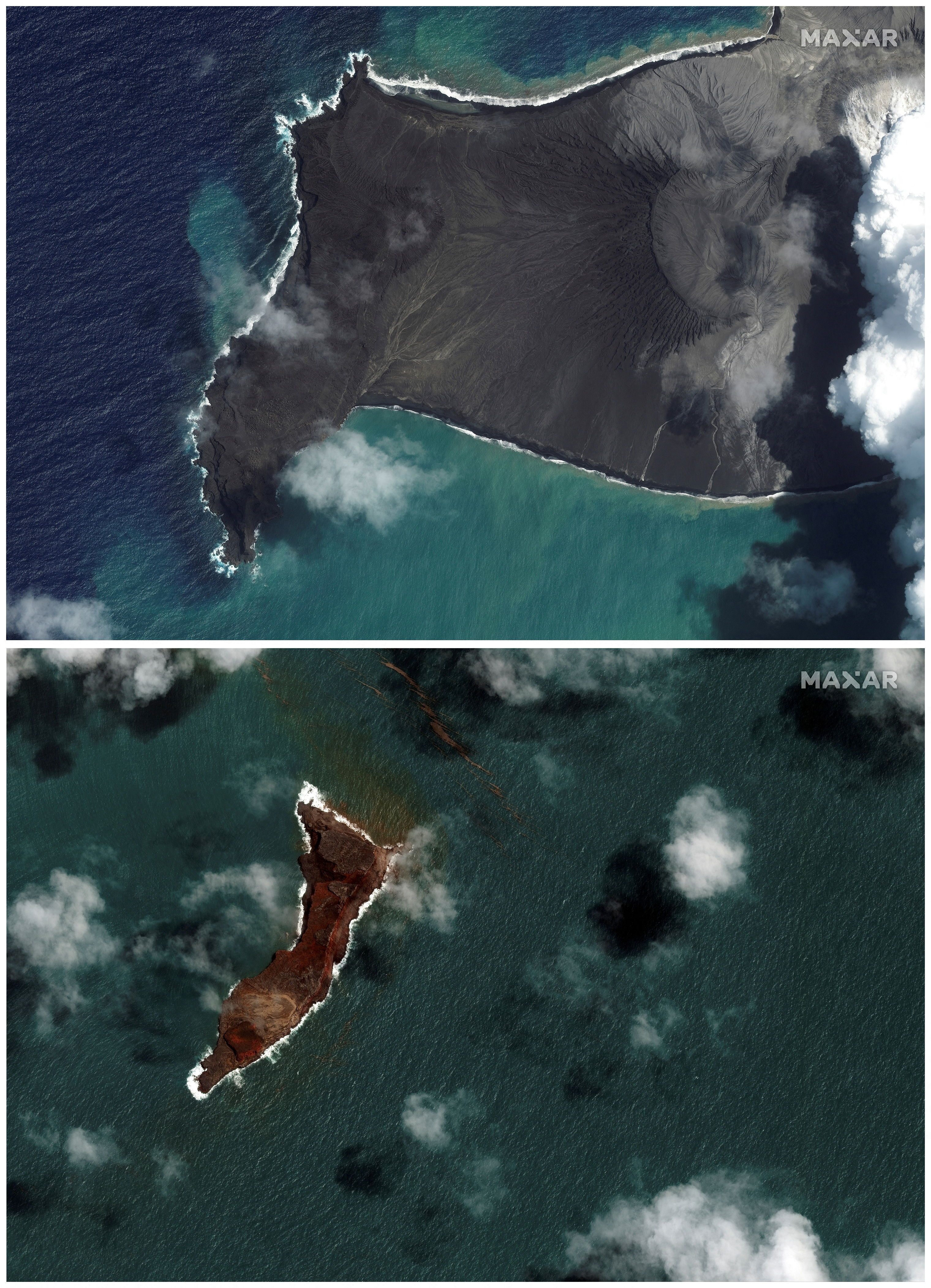 ▲▼東加海嘯「增至3死」空拍對比圖曝！　火山灰覆蓋全島。（圖／路透）