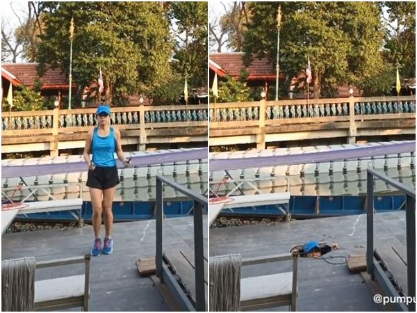 ▲▼泰國正妹碼頭練跳繩，下秒穿破木板，整個人消失。（圖／翻攝自TikTok／pumpuibencharatputthark0）
