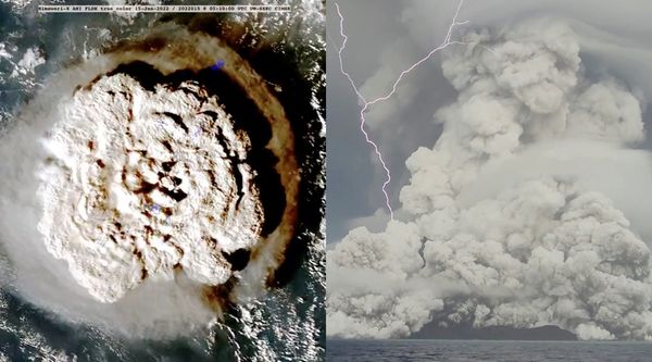 ▲▼NASA估計，東加海底火山噴發釋放出的威力，相當於引爆了1000萬噸三硝基甲苯炸藥（TNT），幾乎比廣島原子彈爆炸的威力高出至少500倍。（圖／路透）