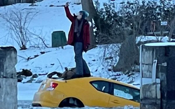 快被淹死還在自拍！自駕車高速衝進冰河　女在車頂對鏡頭猛喬角度。（圖／翻攝自Twitter）