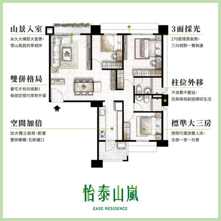 ▲▼「怡泰山嵐」挑高3米6、3面採光，5分鐘就學超便利。（圖／鎰群建設提供，下同）