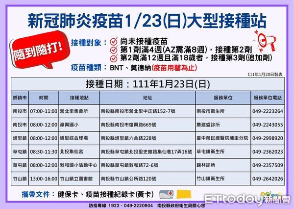 ▲南投縣於22及23日將繼續提供周休假日接種站服務。（圖／南投縣政府提供）