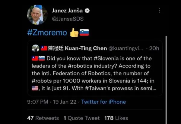 ▲▼斯洛維尼亞總理楊薩（Janez Janša）轉貼陳冠廷推文。（圖／翻攝自Facebook／陳冠廷 Kuan-Ting Chen ）