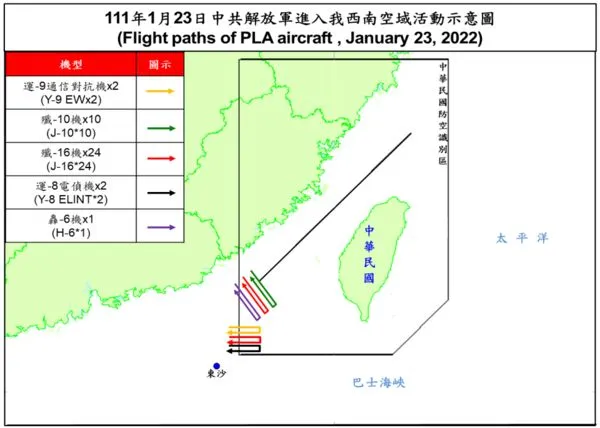 ▲▼1月23日晚間共機39架共機侵擾台灣西南防空識別區。（圖／翻攝自中華民國空軍）