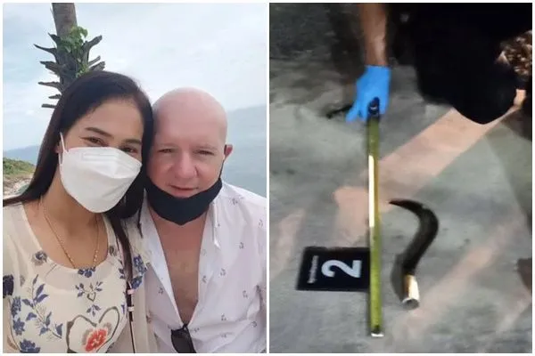 ▲▼英國男子在泰國被鐮刀斬首。（左圖／翻攝當事人臉書；右圖／翻攝北碧府警方）