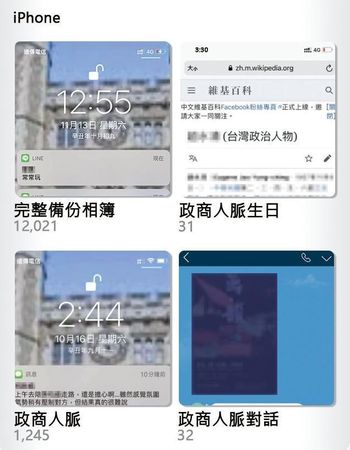  林秉樞將與政商人士的對話截圖或合照存入備份豆腐，內容超過1萬2千筆，再依「政商人脈」或「人脈對話」分門別類整理。（示意畫面）