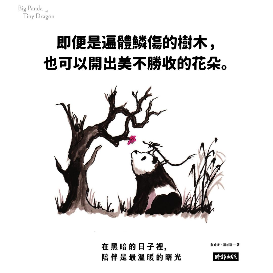 ▲▼英國藝術家用簡單易懂的圖文畫下「大熊貓與小小龍」的旅程，在疫情期間安慰在低谷的人們，在社群被大量分享。（圖／時報出版）