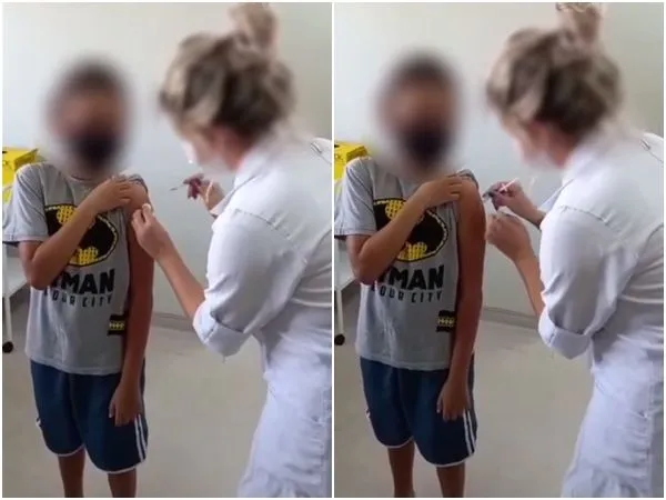 ▲▼巴西一名媽媽錄影記錄孩子打疫苗的一刻，抓包護士「假打針」。（圖／翻攝自Facebook／@jornalovale）