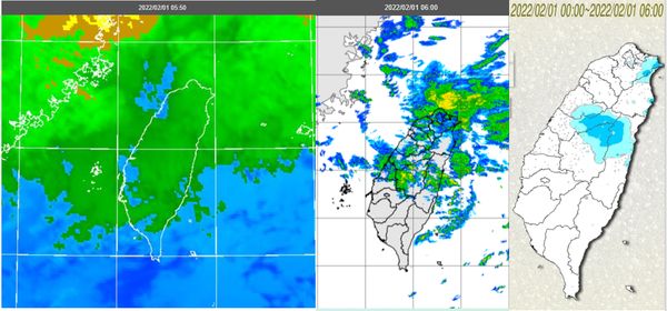 ▲▼1日5：50紅外線雲圖顯示，中部以北有短波的雲層(左圖)。6時雷達回波合成圖顯示：中部以北有回波(中圖)。6時累積雨量圖顯示，中部以北降雨、山區較明顯(右圖)。（圖／翻攝三立準氣象· 老大洩天機）