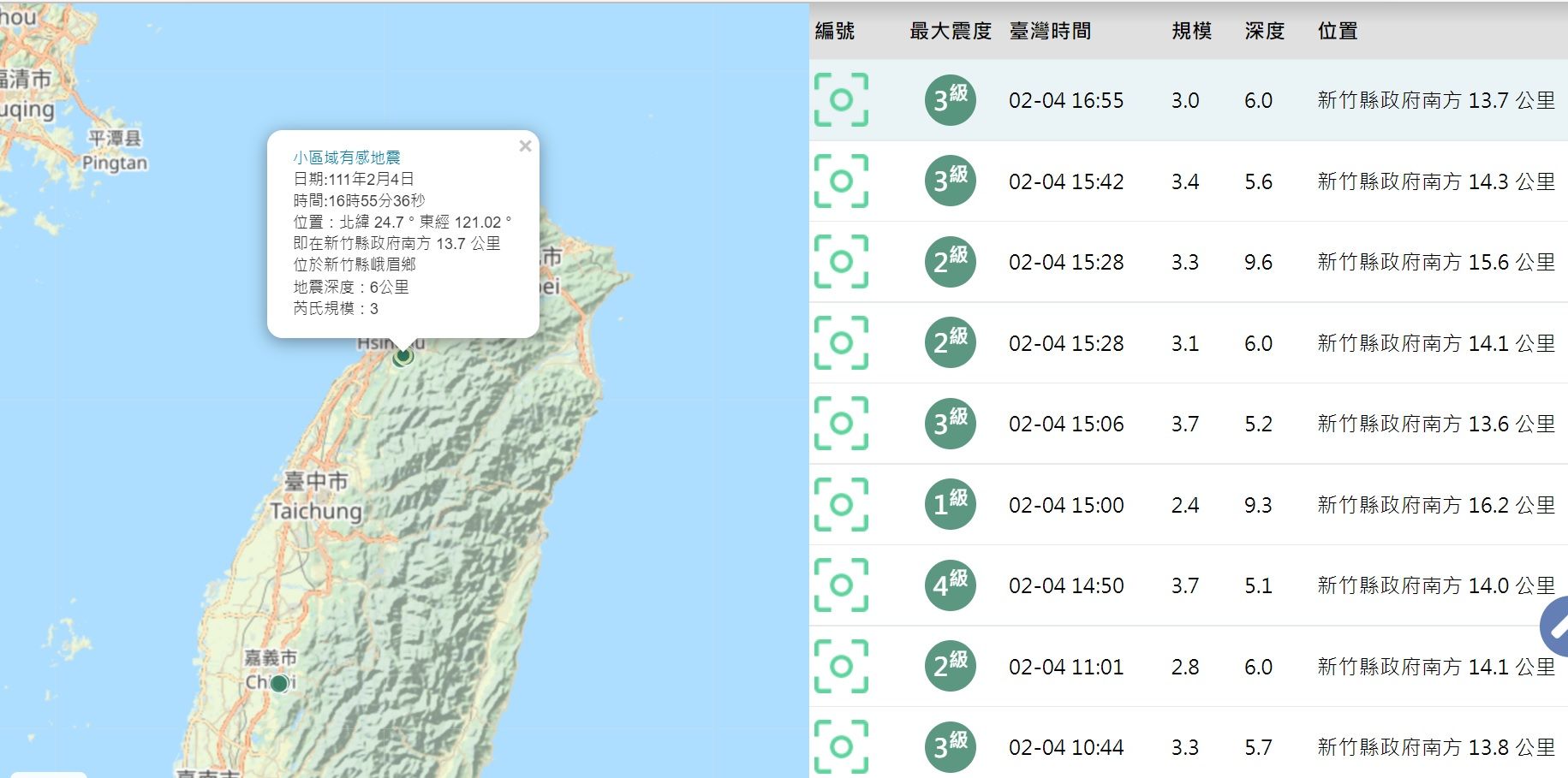 ▲▼新竹地區在7小時內發生9起地震。（圖／氣象局提供）