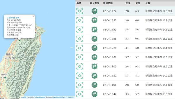 ▲▼新竹縣今天一連發生10起小區域地震。（圖／氣象局提供）