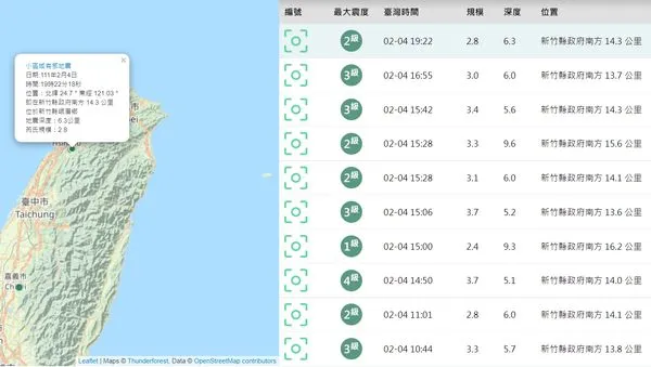 ▲▼新竹縣今天一連發生10起小區域地震。（圖／氣象局提供）