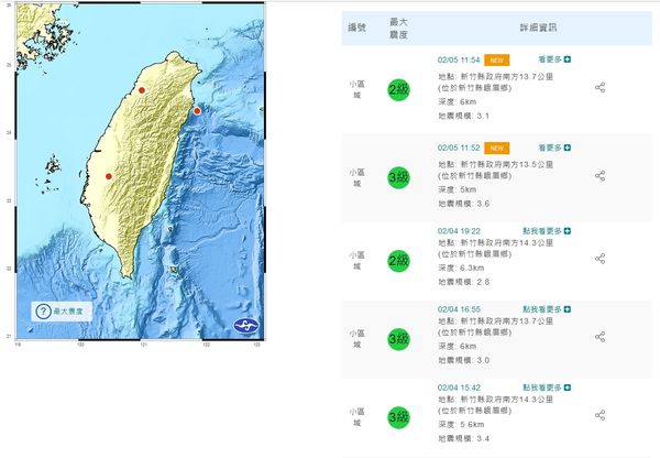 ▲▼新竹峨眉昨日發生10起小規模地震，今日上午又有2起地震 。（圖／氣象局）