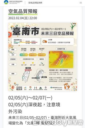 ▲「台南市空氣品質監測網」已上架，每天清晨提供當日空氣品質資訊與預報未來3日空氣品質。（圖／記者林悅翻攝，下同）