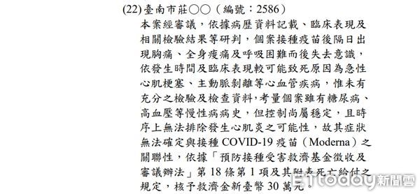 ▲台南市有一編號2586莊姓個案，注射莫德納疫苗隔天死亡，依法通報疫苗不良反應事件，經衛生福利部預防接種受害救濟審議小組，核定救濟30萬元。（圖／記者林悅翻攝，下同）