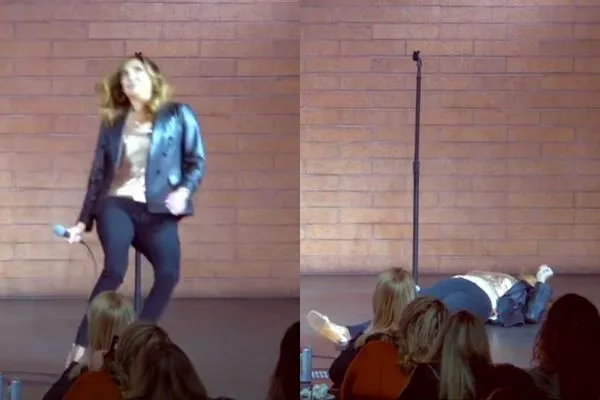 ▲▼美國脫口秀演員台上暈倒頭撞骨折。（圖／翻攝自YouTube／Juicy Scoop™ w Heather McDonald）