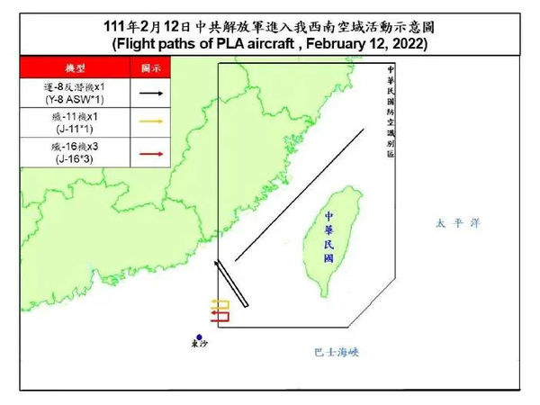 ▲共機12日進入台灣西南空域活動示意圖。（圖／國防部提供）