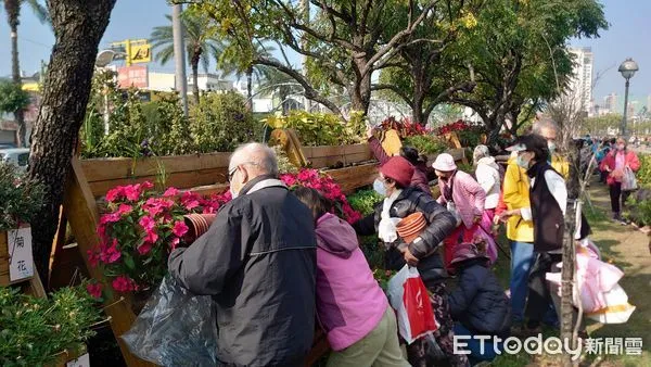 ▲台南市議會16日開放市民大眾前來索取盆花，一早不民眾們自備花器及鏟子，在議會四周排隊等候，迫不及待要將自己心儀的花帶回家。（圖／記者林悅翻攝）